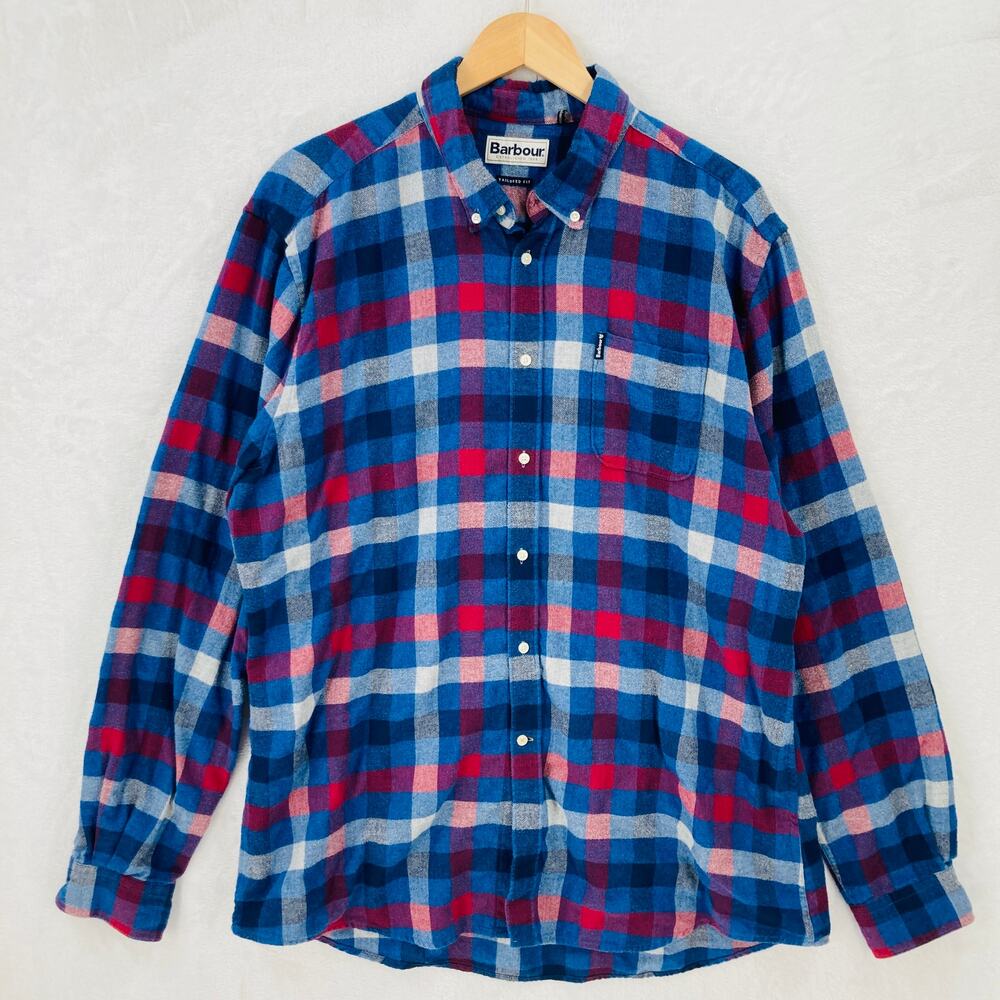 Barbour Flannel Shirt Mens XXL Tailored Fit Blue Red Button Down Long Sleeve